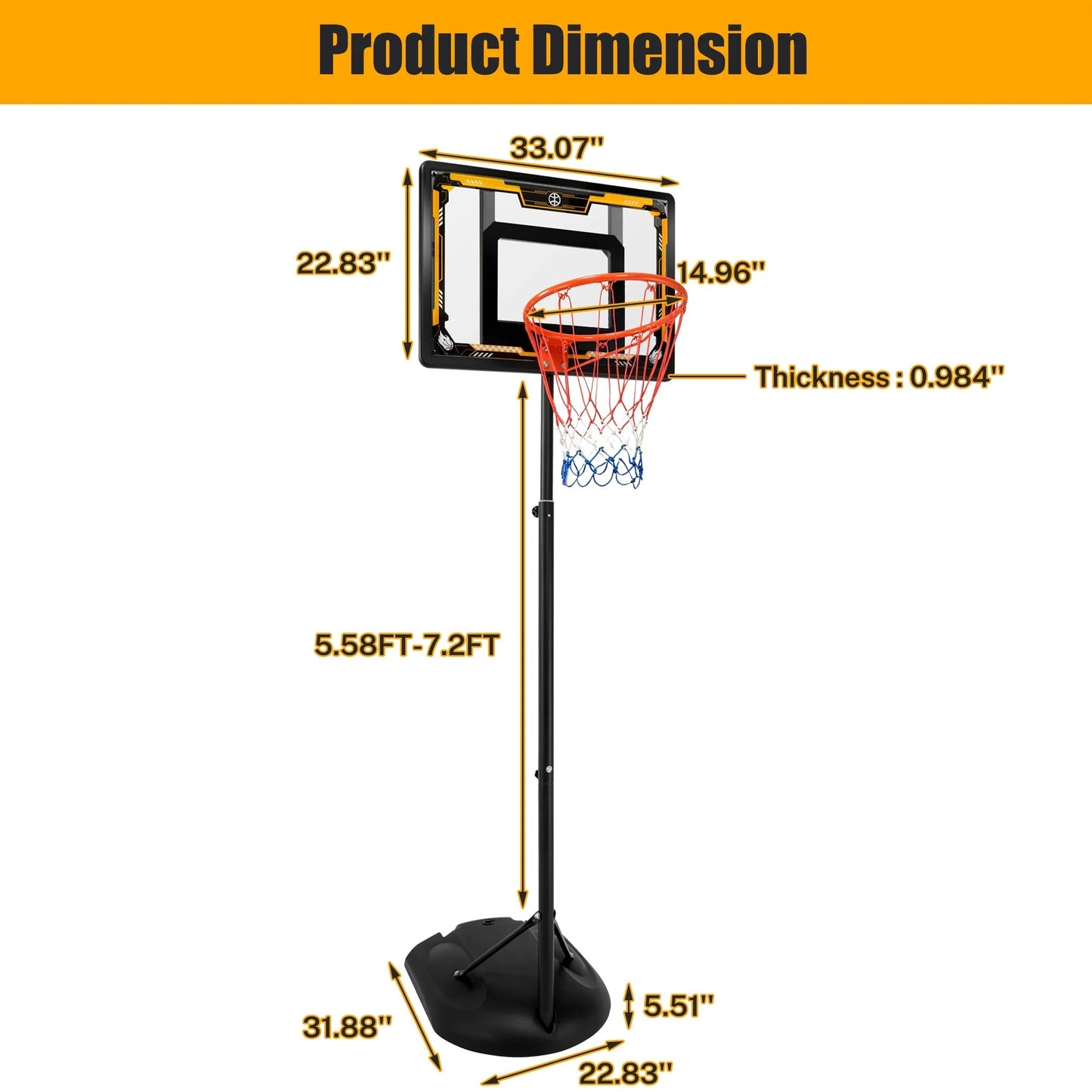 33" Portable Kids Basketball Hoop Stand, Pentinm New 7.22FT-8.84FT Height Adjustable Basketball Goal System with Large Backboard, Fillable Base