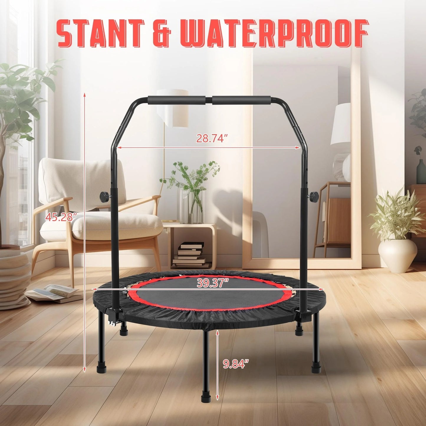 Pentinm 40'' Fitness Trampoline, Foldable Mini Indoor Garden Workout Trampoline for Adults, Exercise Rebounder Trampoline with Adjustable Foam Handle, 330 lbs, Black