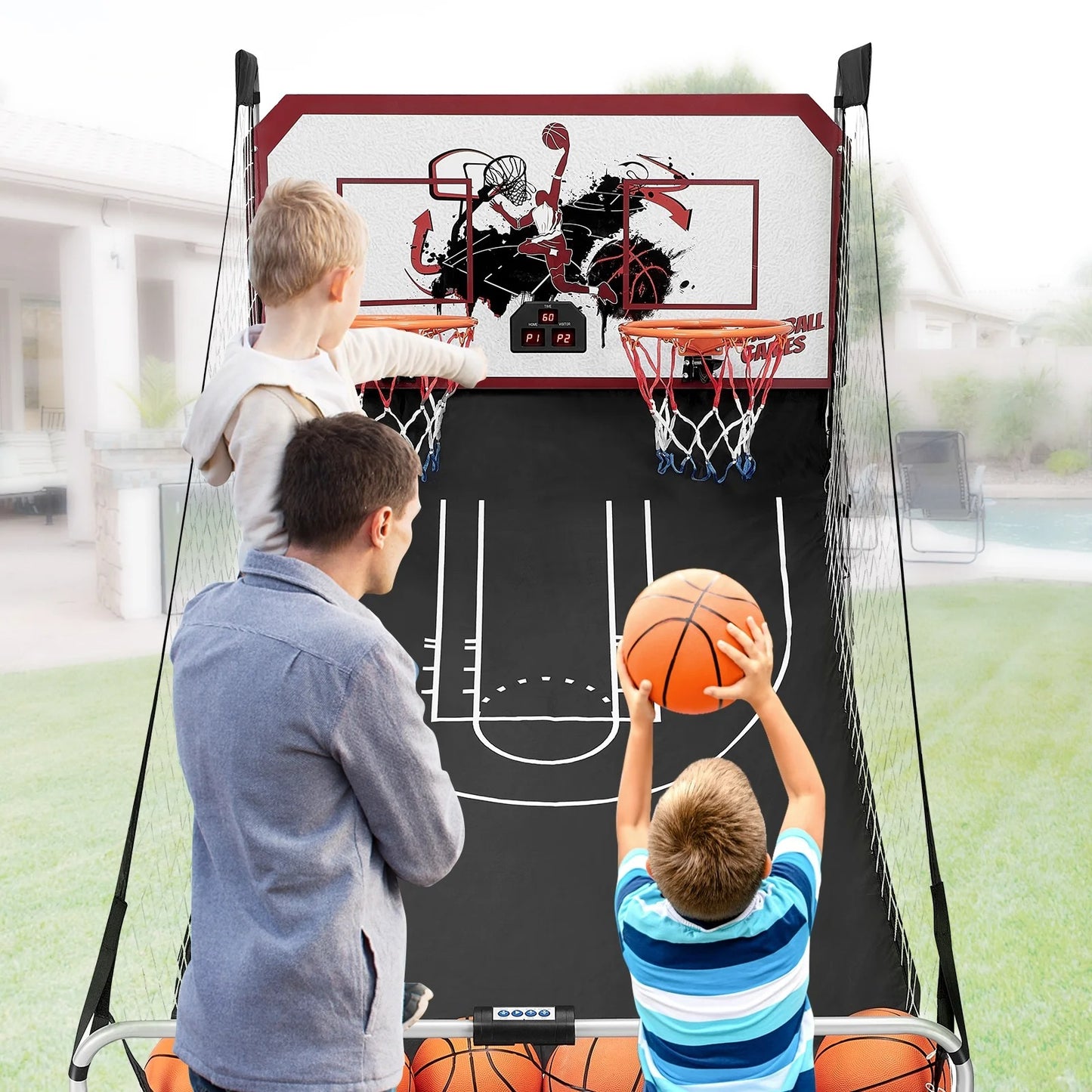 Dual Shot Basketball Arcade Game, Pentinm Foldable Indoor Electronic Arcade Basketball Game with 6 Balls, 8 Modes, LED Scoreboard, Air Pump, Battery Powered for Kids Adults, Blue
