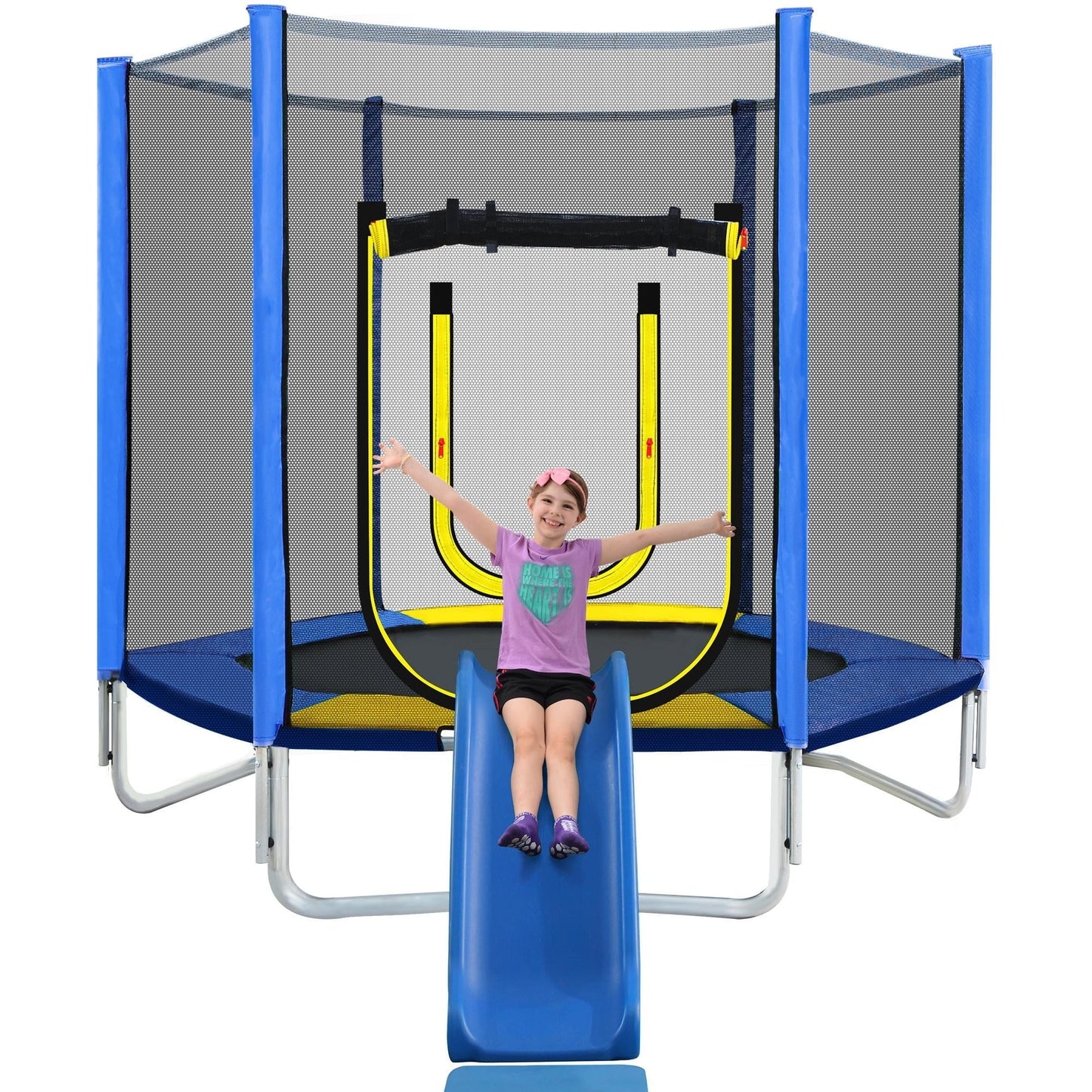 7FT Trampoline for Kids with Safety Enclosure Net, Pentinm Toddler Trampoline with Removable Slide, Upgrade Recreational Trampoline with Jumping Mat for Indoor Outdoor Backyard, Green