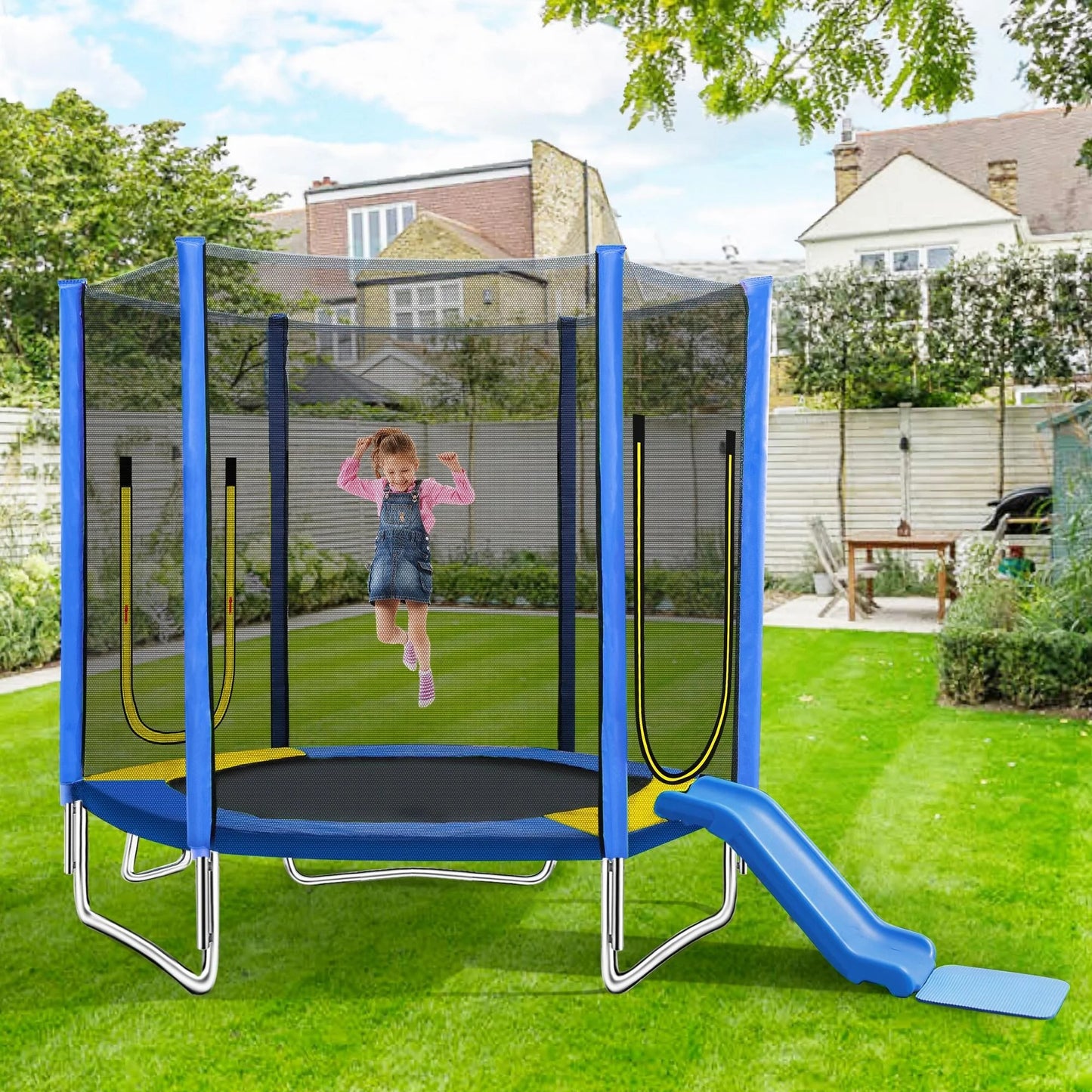 7FT Trampoline for Kids with Safety Enclosure Net, Pentinm Toddler Trampoline with Removable Slide, Upgrade Recreational Trampoline with Jumping Mat for Indoor Outdoor Backyard, Green