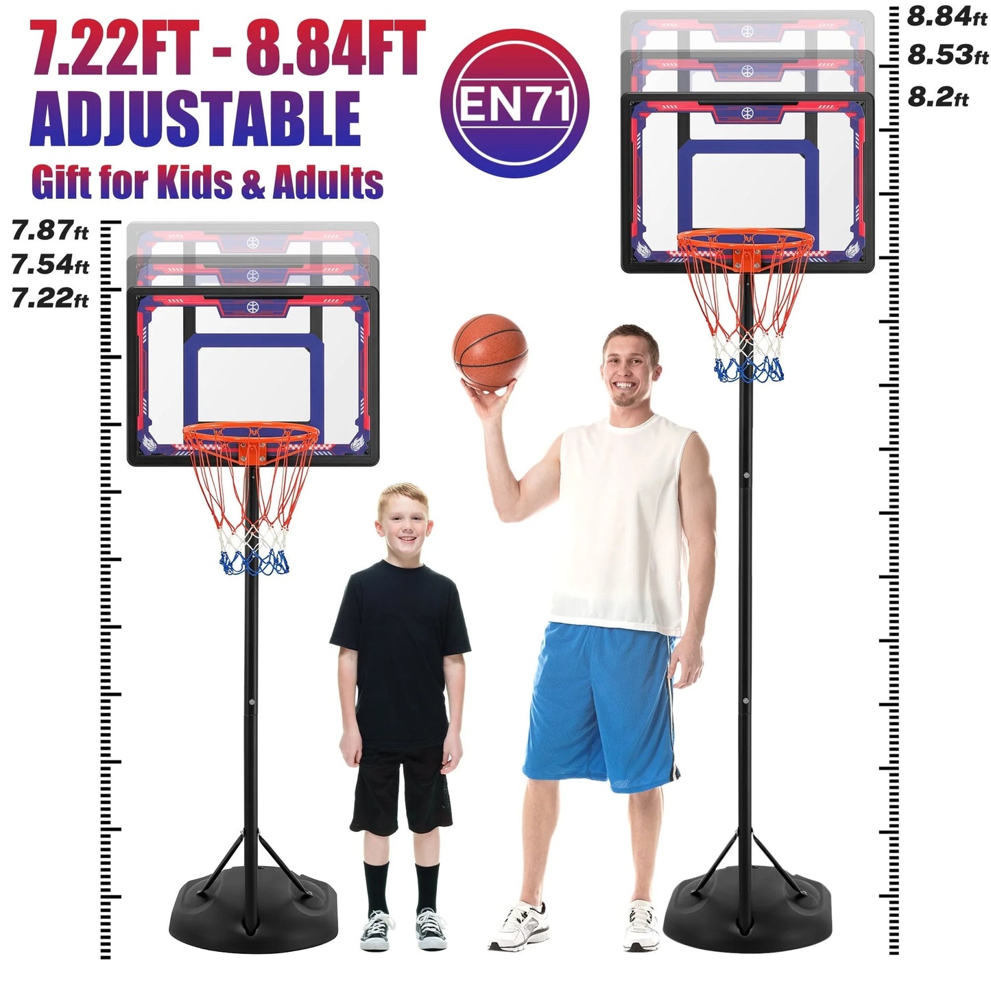 33" Portable Kids Basketball Hoop Stand, Pentinm New 7.22FT-8.84FT Height Adjustable Basketball Goal System with Large Backboard, Fillable Base