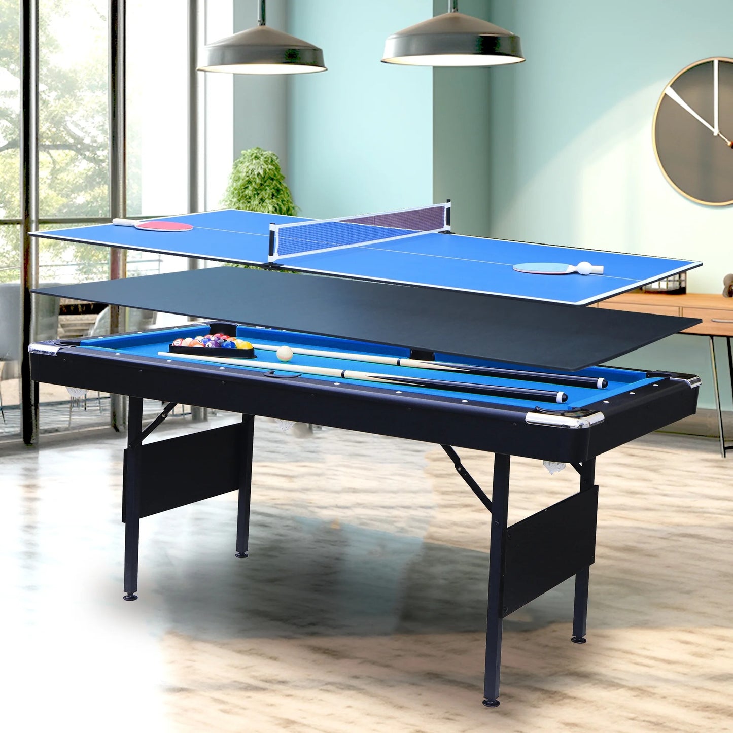 Billiards Table with Cues, Ball, Rack, Chalk, Foldable Pool Table for Recreation Game Rooms, Space-Saving Entertainment