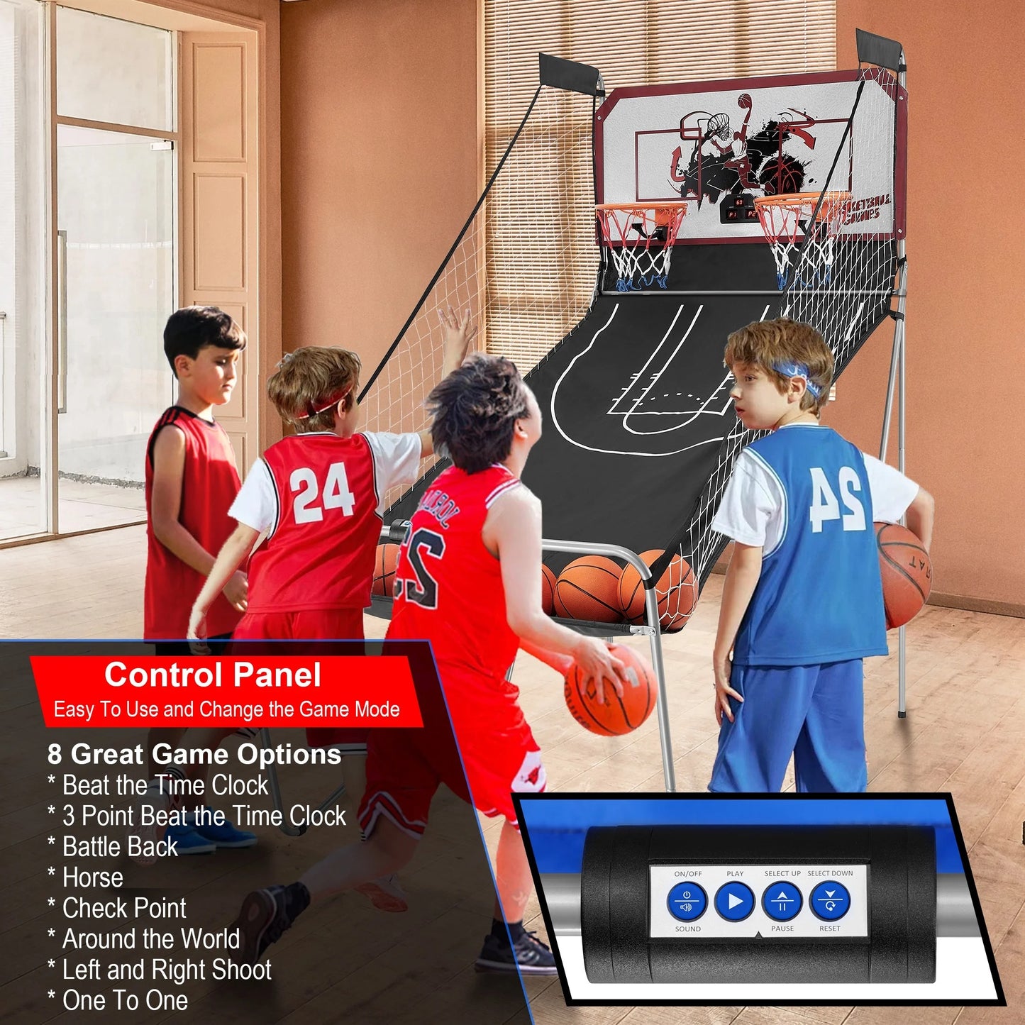 Dual Shot Basketball Arcade Game, Pentinm Foldable Indoor Electronic Arcade Basketball Game with 6 Balls, 8 Modes, LED Scoreboard, Air Pump, Battery Powered for Kids Adults, Blue