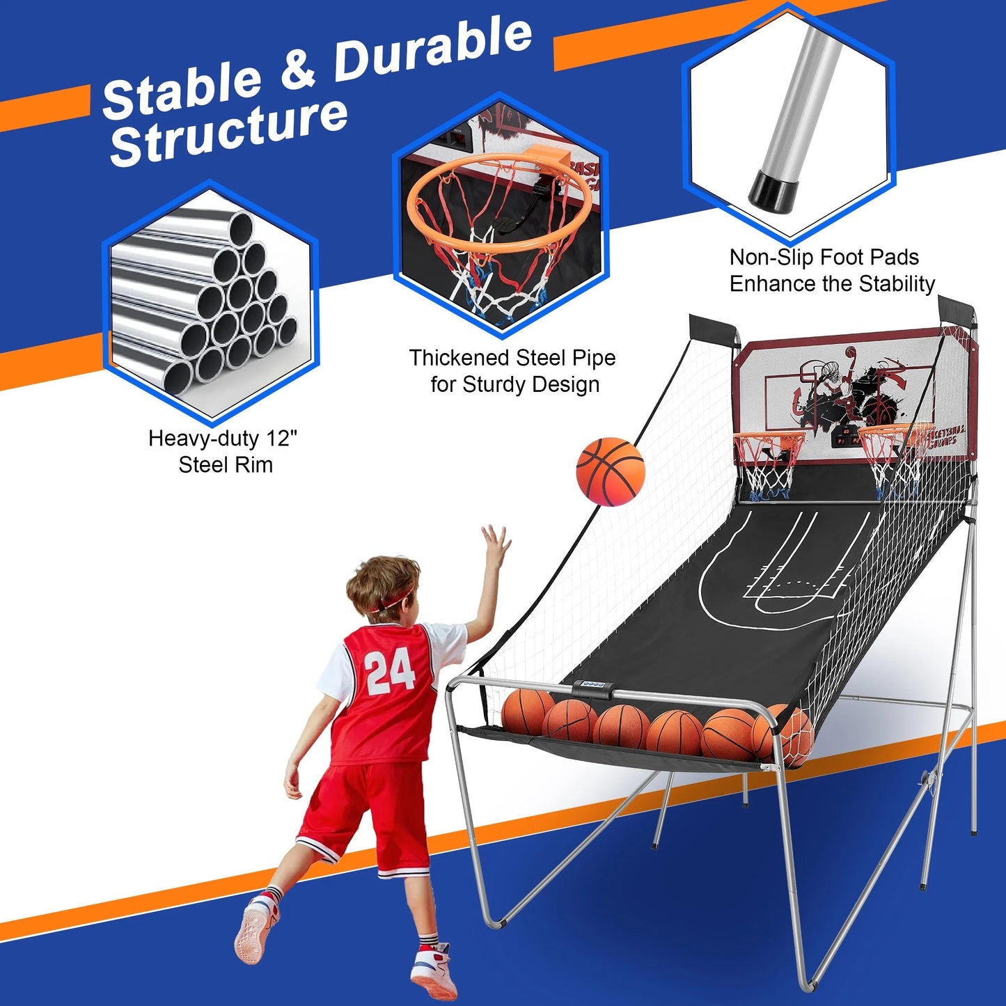Dual Shot Basketball Arcade Game, Pentinm Foldable Indoor Electronic Arcade Basketball Game with 6 Balls, 8 Modes, LED Scoreboard, Air Pump, Battery Powered for Kids Adults, Blue