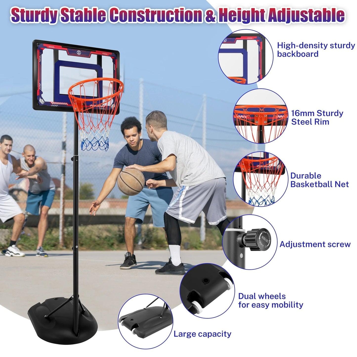 33" Portable Kids Basketball Hoop Stand, Pentinm New 7.22FT-8.84FT Height Adjustable Basketball Goal System with Large Backboard, Fillable Base