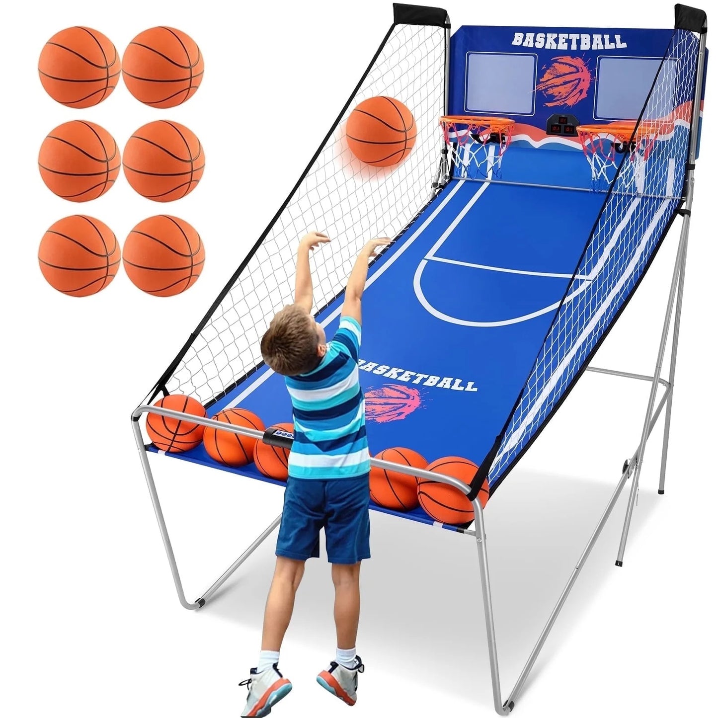 Dual Shot Basketball Arcade Game, Pentinm Foldable Indoor Electronic Arcade Basketball Game with 6 Balls, 8 Modes, LED Scoreboard, Air Pump, Battery Powered for Kids Adults, Blue
