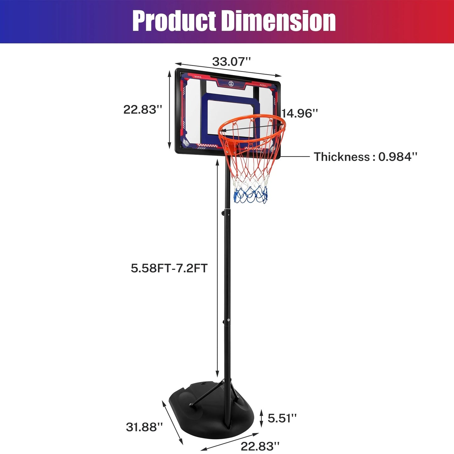 33" Portable Kids Basketball Hoop Stand, Pentinm New 7.22FT-8.84FT Height Adjustable Basketball Goal System with Large Backboard, Fillable Base
