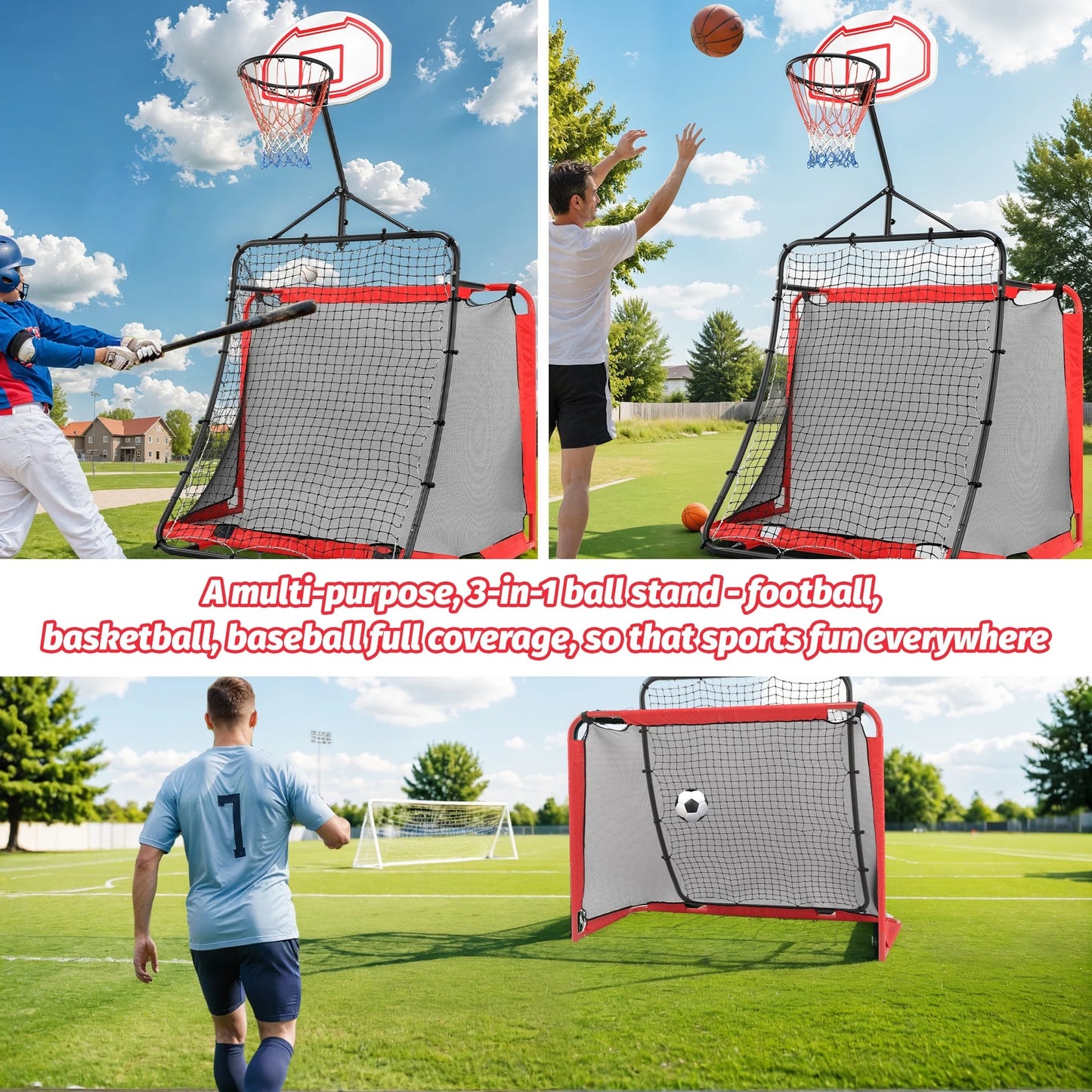 All-in-one Outdoor Sports Set with Football Net, Baseball Net, 3-in-1 Combo Outdoor Sports Center with Soccer Goal, Lacrosse Net, Pentinm Heavy-duty Basketball Hoop with Durable Net, Metal Frame
