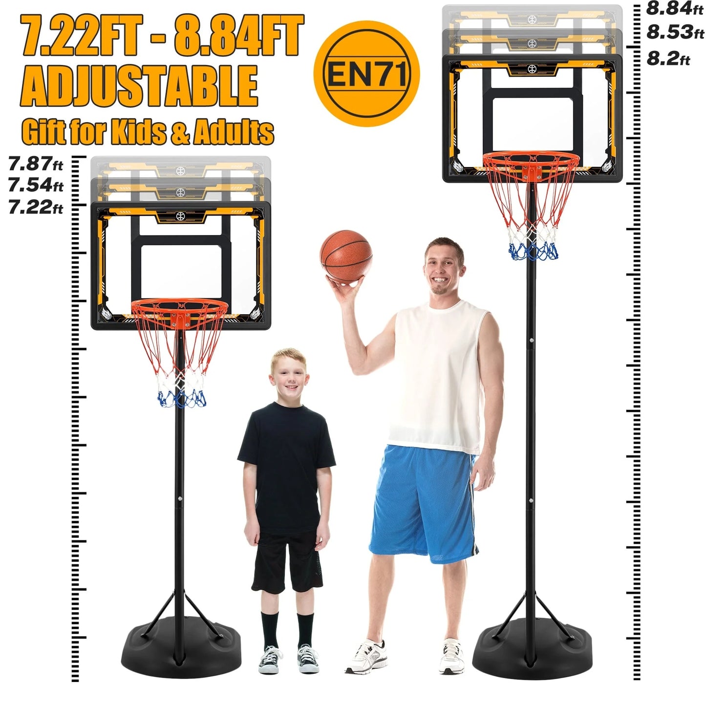 33" Portable Kids Basketball Hoop Stand, Pentinm New 7.22FT-8.84FT Height Adjustable Basketball Goal System with Large Backboard, Fillable Base