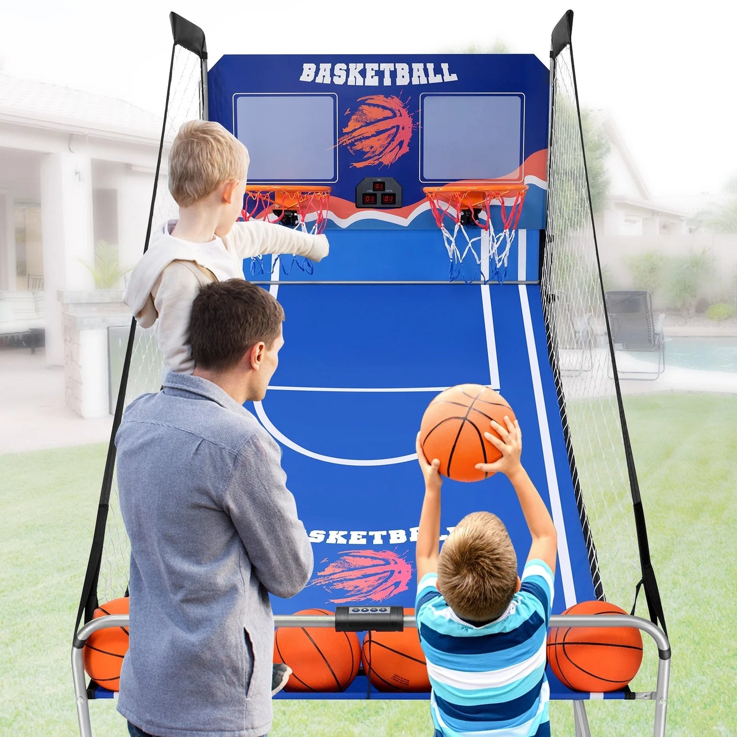 Dual Shot Basketball Arcade Game, Pentinm Foldable Indoor Electronic Arcade Basketball Game with 6 Balls, 8 Modes, LED Scoreboard, Air Pump, Battery Powered for Kids Adults, Blue