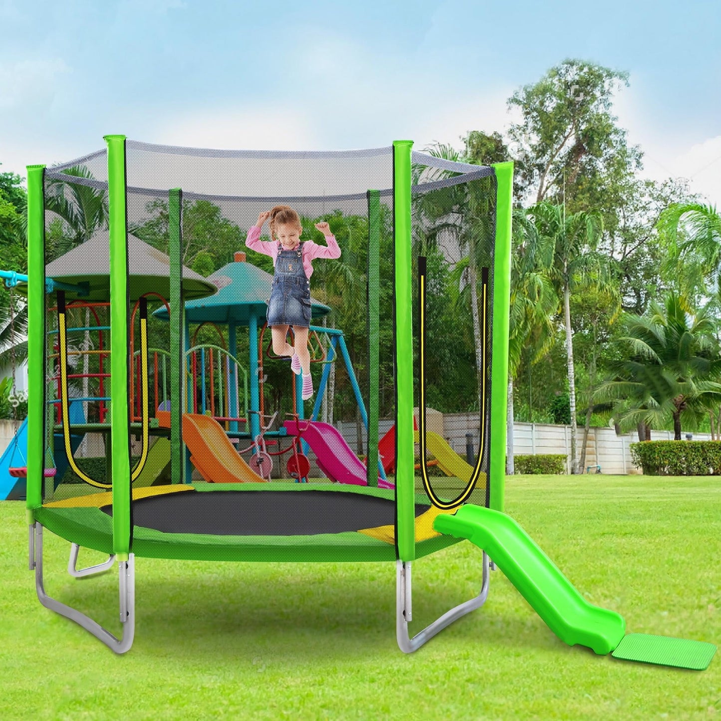 7FT Trampoline for Kids with Safety Enclosure Net, Pentinm Toddler Trampoline with Removable Slide, Upgrade Recreational Trampoline with Jumping Mat for Indoor Outdoor Backyard, Green