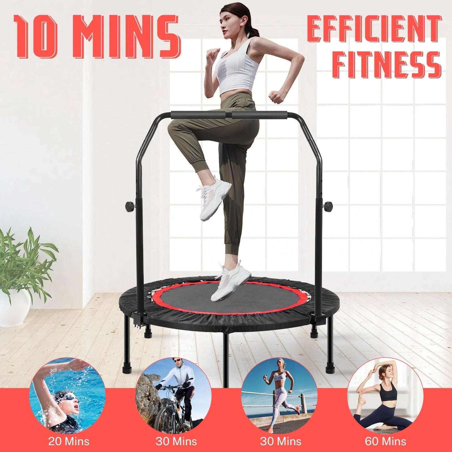 Pentinm 40'' Fitness Trampoline, Foldable Mini Indoor Garden Workout Trampoline for Adults, Exercise Rebounder Trampoline with Adjustable Foam Handle, 330 lbs, Black