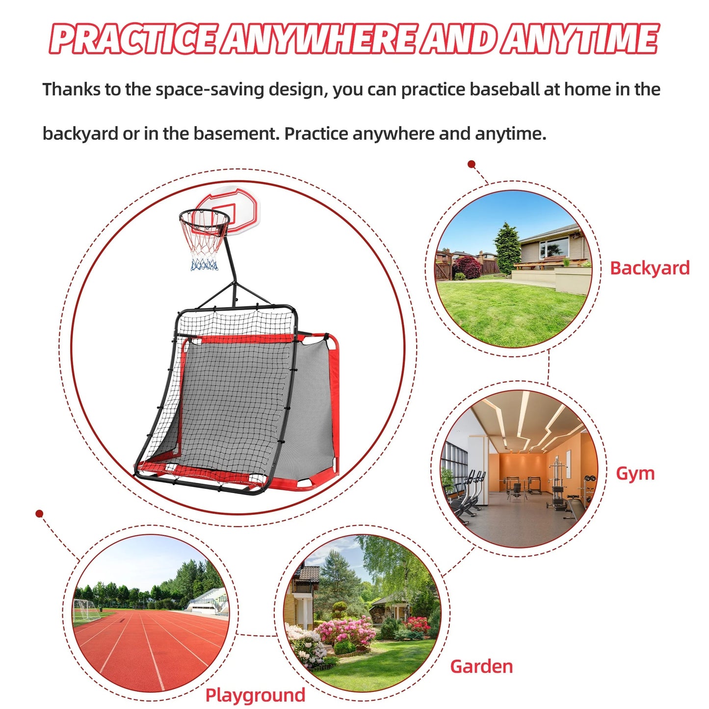 All-in-one Outdoor Sports Set with Football Net, Baseball Net, 3-in-1 Combo Outdoor Sports Center with Soccer Goal, Lacrosse Net, Pentinm Heavy-duty Basketball Hoop with Durable Net, Metal Frame