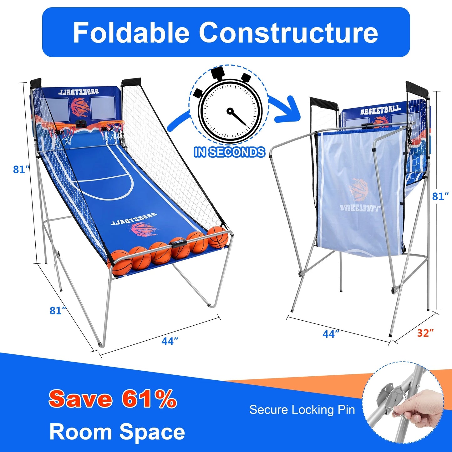Dual Shot Basketball Arcade Game, Pentinm Foldable Indoor Electronic Arcade Basketball Game with 6 Balls, 8 Modes, LED Scoreboard, Air Pump, Battery Powered for Kids Adults, Blue
