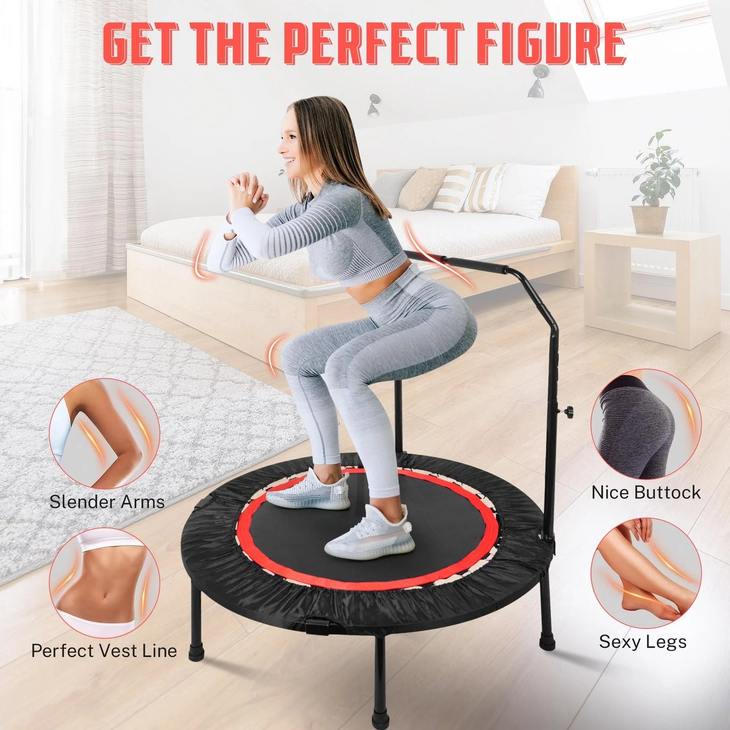 Pentinm 40'' Fitness Trampoline, Foldable Mini Indoor Garden Workout Trampoline for Adults, Exercise Rebounder Trampoline with Adjustable Foam Handle, 330 lbs, Black