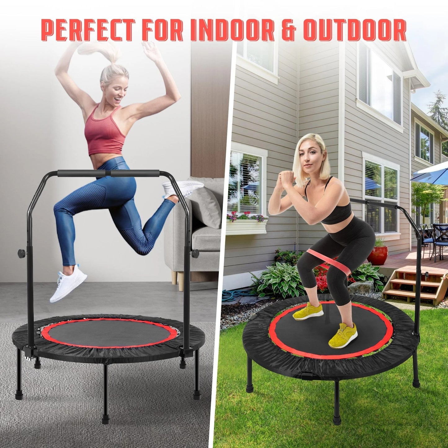Pentinm 40'' Fitness Trampoline, Foldable Mini Indoor Garden Workout Trampoline for Adults, Exercise Rebounder Trampoline with Adjustable Foam Handle, 330 lbs, Black