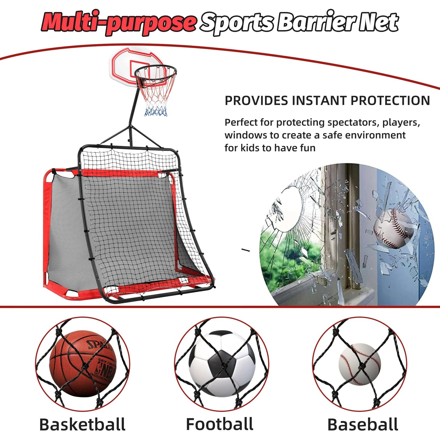 All-in-one Outdoor Sports Set with Football Net, Baseball Net, 3-in-1 Combo Outdoor Sports Center with Soccer Goal, Lacrosse Net, Pentinm Heavy-duty Basketball Hoop with Durable Net, Metal Frame