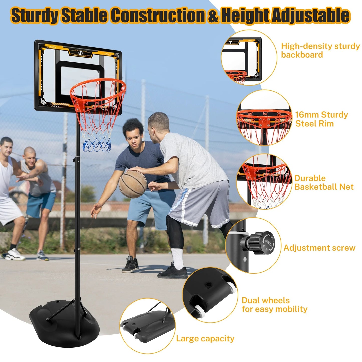 33" Portable Kids Basketball Hoop Stand, Pentinm New 7.22FT-8.84FT Height Adjustable Basketball Goal System with Large Backboard, Fillable Base