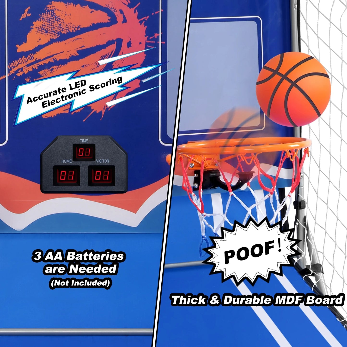 Dual Shot Basketball Arcade Game, Pentinm Foldable Indoor Electronic Arcade Basketball Game with 6 Balls, 8 Modes, LED Scoreboard, Air Pump, Battery Powered for Kids Adults, Blue