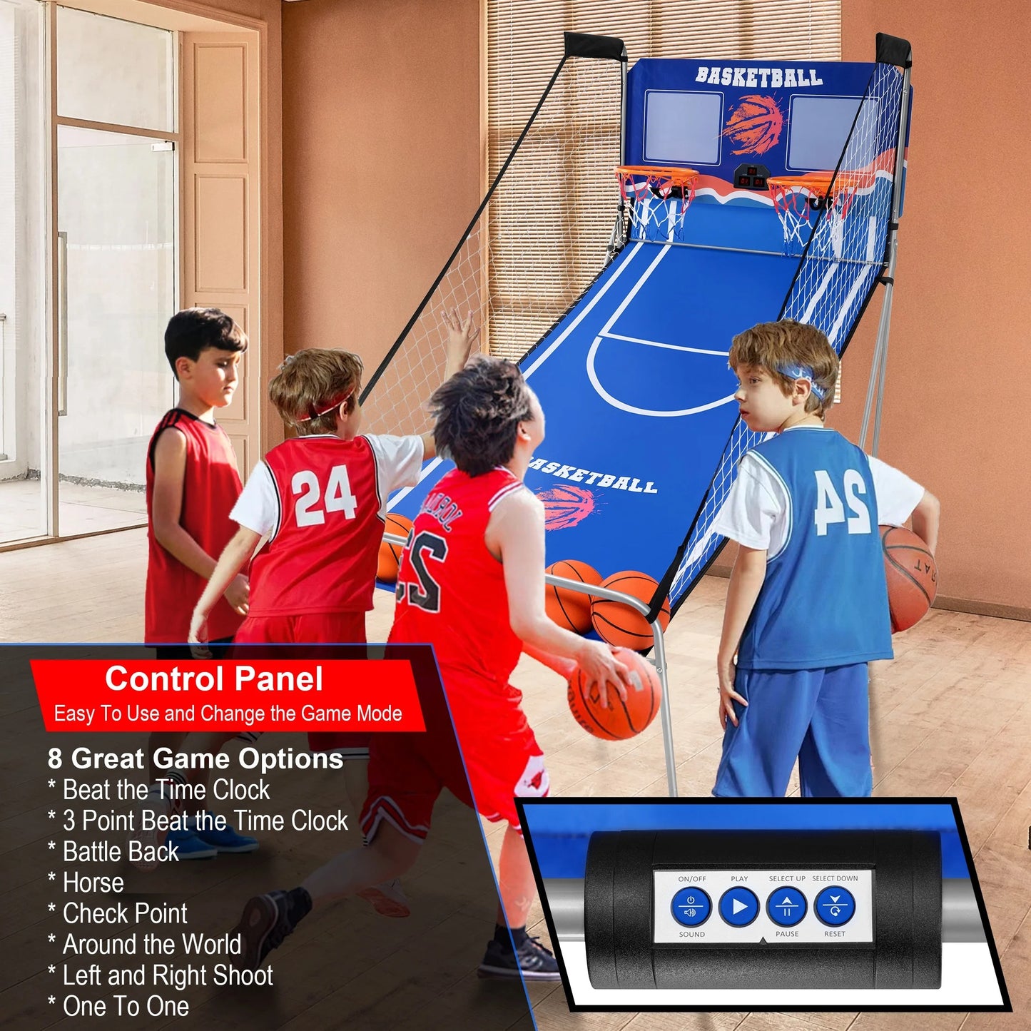 Dual Shot Basketball Arcade Game, Pentinm Foldable Indoor Electronic Arcade Basketball Game with 6 Balls, 8 Modes, LED Scoreboard, Air Pump, Battery Powered for Kids Adults, Blue