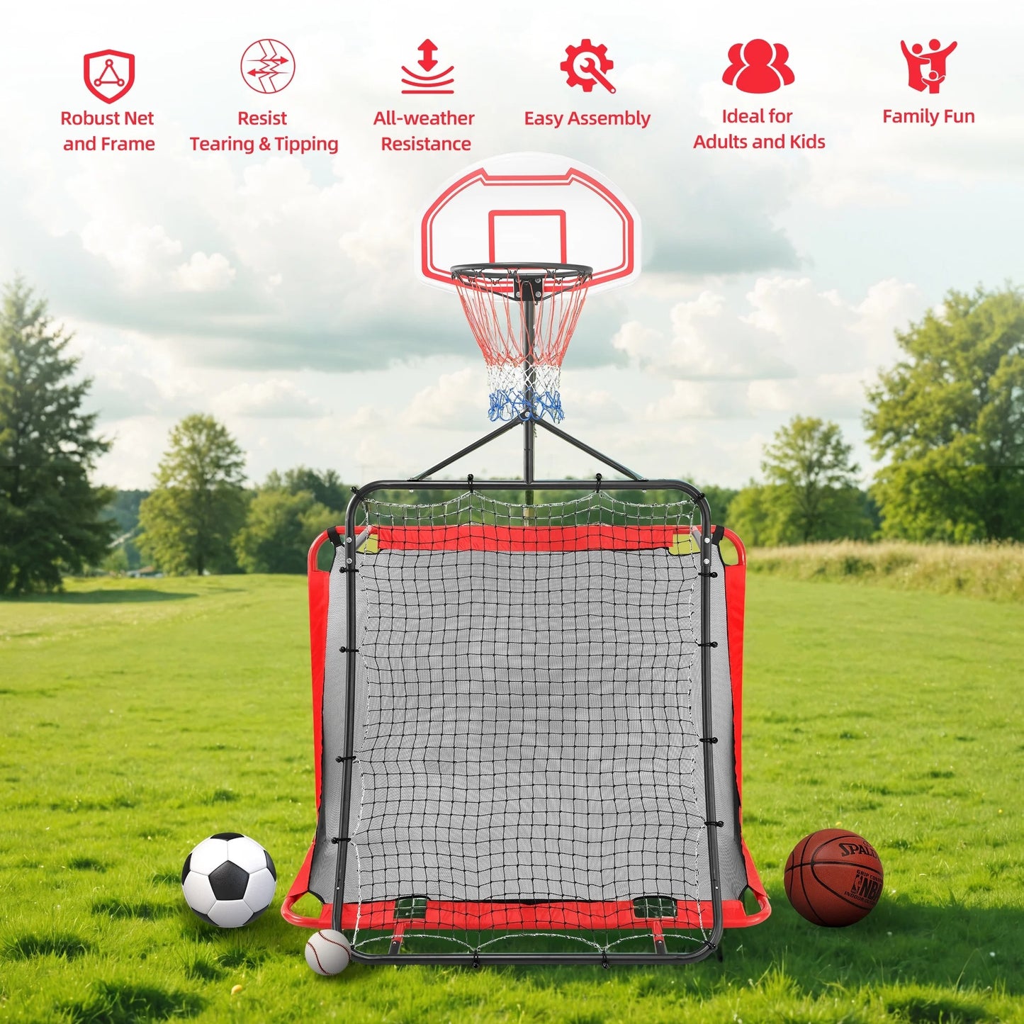All-in-one Outdoor Sports Set with Football Net, Baseball Net, 3-in-1 Combo Outdoor Sports Center with Soccer Goal, Lacrosse Net, Pentinm Heavy-duty Basketball Hoop with Durable Net, Metal Frame