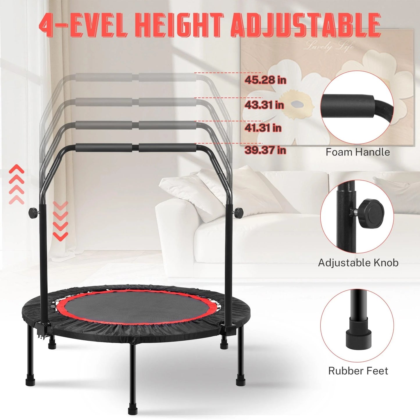 Pentinm 40'' Fitness Trampoline, Foldable Mini Indoor Garden Workout Trampoline for Adults, Exercise Rebounder Trampoline with Adjustable Foam Handle, 330 lbs, Black