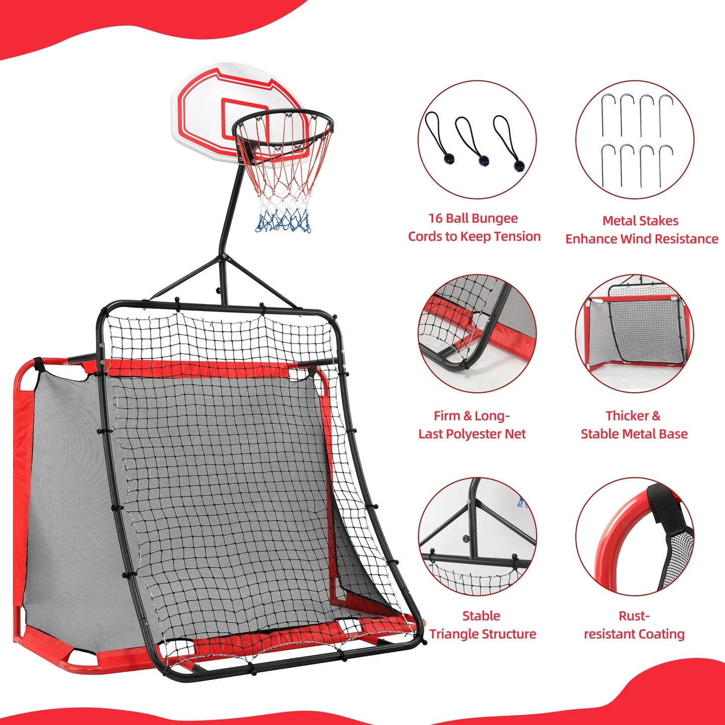 All-in-one Outdoor Sports Set with Football Net, Baseball Net, 3-in-1 Combo Outdoor Sports Center with Soccer Goal, Lacrosse Net, Pentinm Heavy-duty Basketball Hoop with Durable Net, Metal Frame