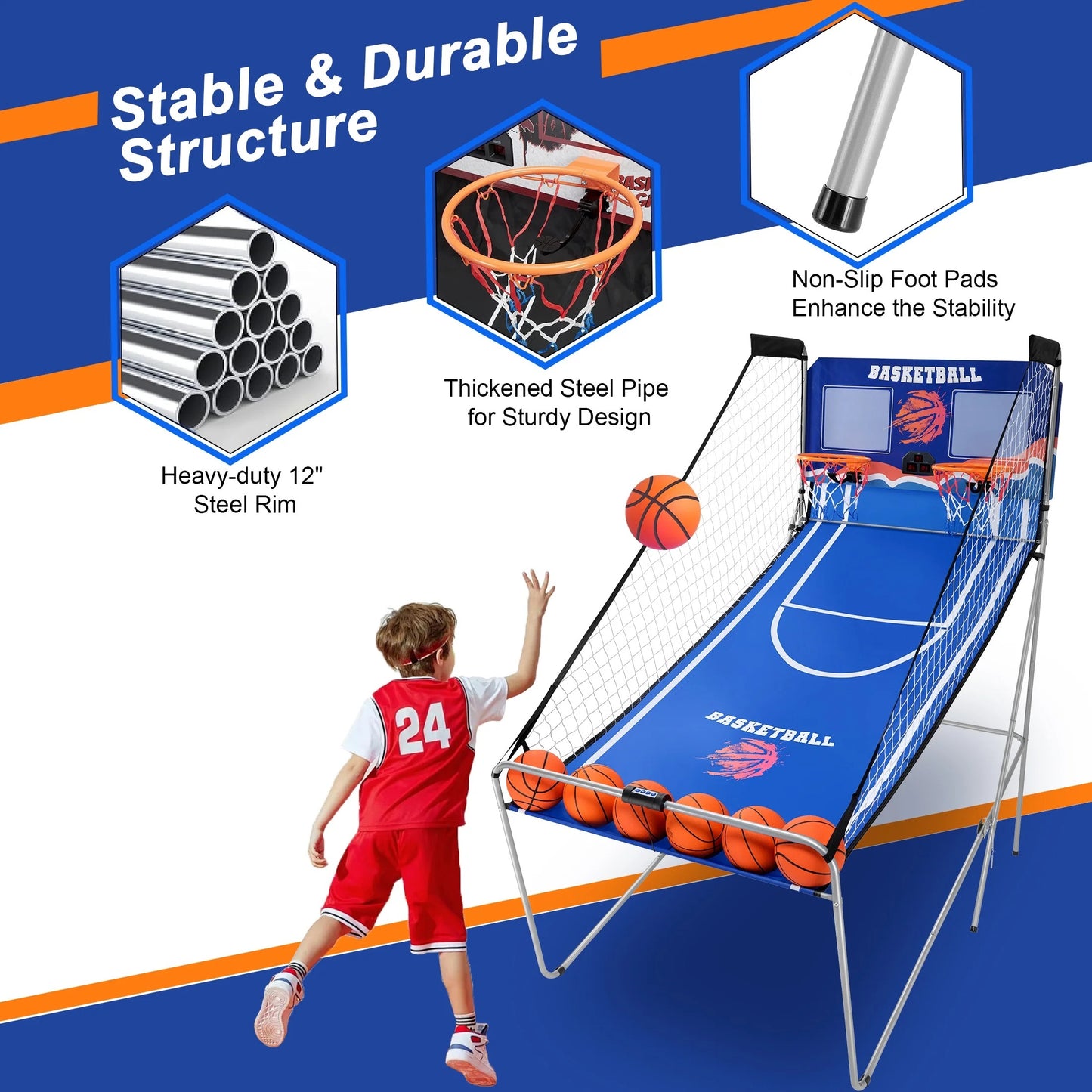 Dual Shot Basketball Arcade Game, Pentinm Foldable Indoor Electronic Arcade Basketball Game with 6 Balls, 8 Modes, LED Scoreboard, Air Pump, Battery Powered for Kids Adults, Blue