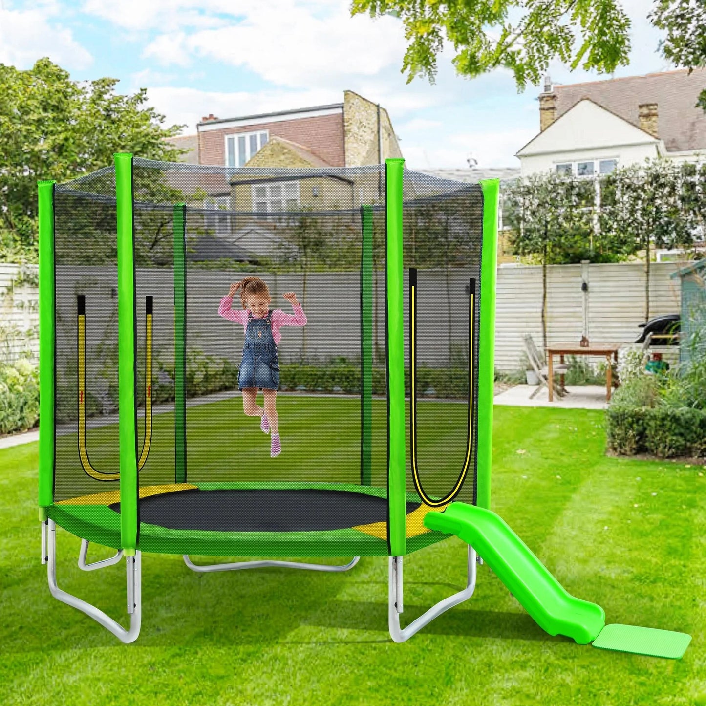 7FT Trampoline for Kids with Safety Enclosure Net, Pentinm Toddler Trampoline with Removable Slide, Upgrade Recreational Trampoline with Jumping Mat for Indoor Outdoor Backyard, Green