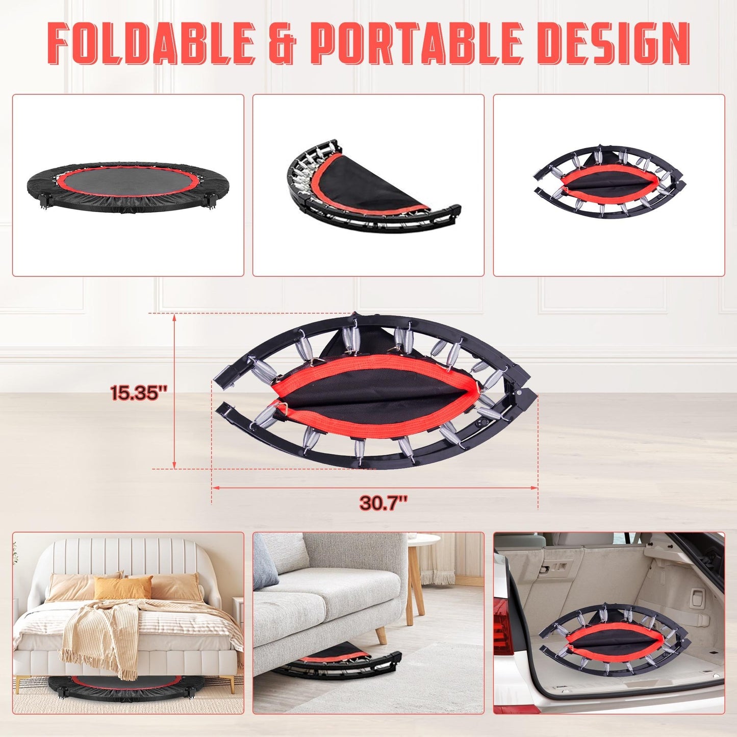 Pentinm 40'' Fitness Trampoline, Foldable Mini Indoor Garden Workout Trampoline for Adults, Exercise Rebounder Trampoline with Adjustable Foam Handle, 330 lbs, Black