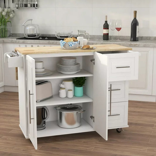 Wood Kitchen Island on Wheels, Contemporary Kitchen Island Cart w/Storage Drawers and Towel Bar, Extensible Solid Wood Table Top Rolling Kitchen Trolley Utility Cart Microwave Cabinets