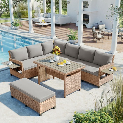 5-Piece Outdoor Rattan Sofa Set, Sectional PE Wicker Garden Furniture Set with 2 Extendable Side Tables and Washable Covers for Patio Backyard, Poolside, Brown