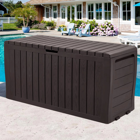 Deck Box for Outside, 75GAL Outdoor Storage Box w/Wheels & Padlock, All-weather Patio Storage Bench for Cushions Toys, Waterproof Resin Deck Box as Seat Max 250LBS, Espresso