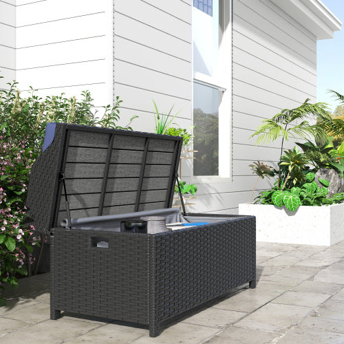 Outdoor Wicker Storage Bench Deck Box, PE Rattan Patio Furniture Pool Storage Bin Container w/ Comfortable Cushion, Black