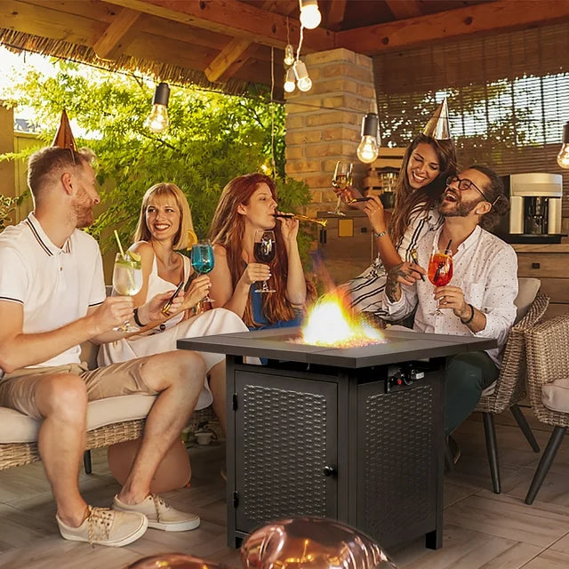 28" Propane Fire Table for Outside, Square 50000 BTU Gas Fire Pit Outdoor Patio Heating with Volcanic Stone