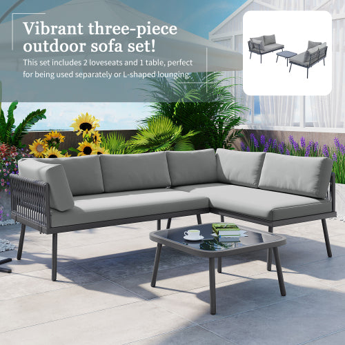 Outdoor 3-Piece PE Rattan Sofa Set , L-Shaped Patio Metal Sectional Furniture Set with Cushions and Glass Table for Backyard, Poolside, Garden, Gray