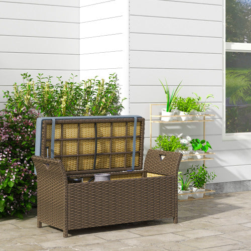 Outdoor Storage Bench 27 Gallon: Large PE Rattan Wicker Patio Furniture with Handles, Cushion & Rectangular Design - Perfect for Garden, Dark Blue